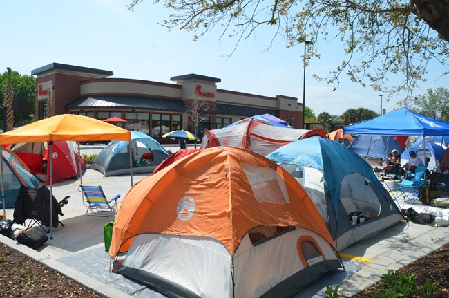 It was tent city today at Chick-fil-A's new Palm Coast location off of Palm Coast Parkway, where Perkins used to be. The store opens Thursday at 6 a.m. (© FlaglerLive)