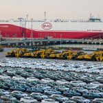 BYD electric cars wait at a Chinese port to be loaded onto the automobile carrier BYD Shenzhen, which was slated to sail to Brazil. STR/AFP via Getty Images