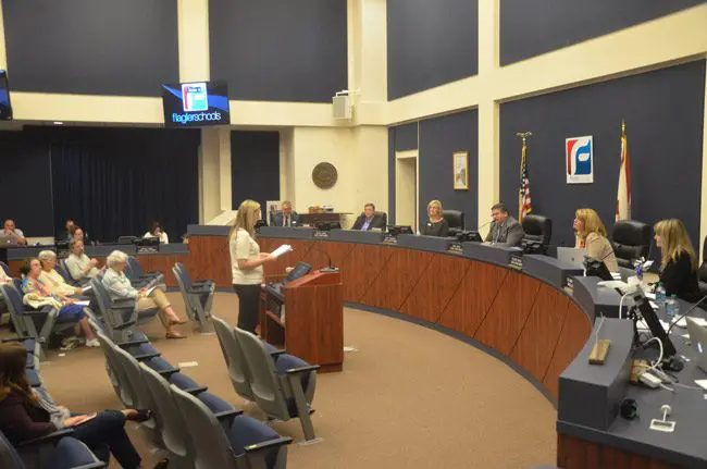 Kristi Furnari was among the 11 parents who addressed the Flagler County School Board last Tuesday regarding a reorganization affecting special education students. (© FlaglerLive)