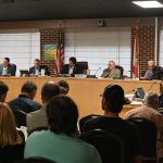 The Flagler Beach City Commission at the beginning of Thursday evening's meeting. The crowd had thinned considerably by the time the commission took up the annexation matters two hours later. (© FlaglerLive)