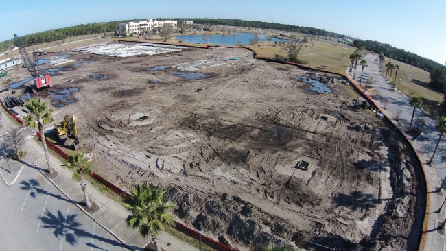 The CAVU drone's view of the work site at Palm Coast's future City Hall in Town Center. Click on the image for larger view. (© CAVU for FlaglerLive)