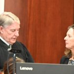Assistant State Attorney Melissa Clark, right, is arguing before Circuit Judge Terence Perkins that Robert Goldstein is too dangerous to be let out on bond. The picture above was taken in a previous, unrelated proceeding. (© FlaglerLive)