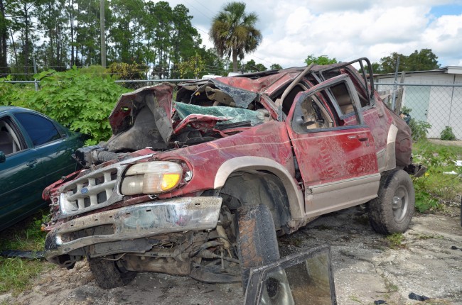 The Ford truck after it had been hauled to John's Towing's yard overnight. Click on the image for larger view. (© FlaglerLive)