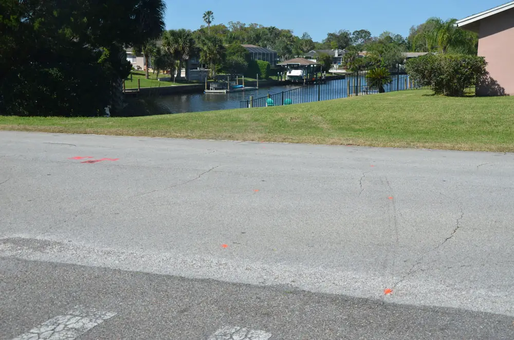 The vehicle left tire marks that indicate it began turning left from the middle of Club House Drive. (© FlaglerLive)