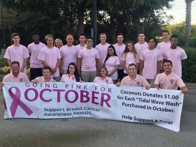 Palm Coast's Coconut Carwash last year donated $1,200 to the American Cancer Society's Making Strides Against Breast Cancer campaign. During the month of October, Coconuts Carwash is donating $1 for every Tidal Wave purchased at the business, at 6030 Old Kings Rd., near State Road 100.