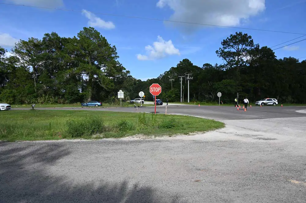 Cody's Corner, at the intersection of State Road 11 and County Road 304 in Flagler County, continues to be one of the county's deadliest intersections (the scene above is from a fatal crash in May). The state Department of Transportation had recognized it as such and was planning a roundabout there in 2018, then abandoned the plan. (© FlaglerLive)