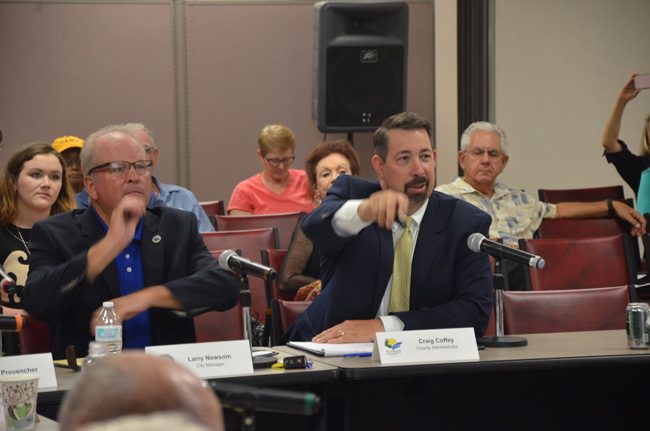 Changing track: Flagler County Administrator Craig Coffey is urging county commissioners and the Flagler Beach City Commission to change course, abandon a long-studied plan to 'renourish" beaches, and adopt a more state and local p[lan to rebuild dunes. (c FlaglerLive)