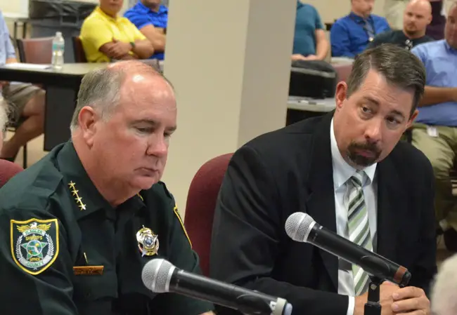 Sheriff Rick Staly and County Administrator Craig Coffey during a meeting on the sheriff's Operations Center earlier this year. The two have not been seeing eye to eye. (© FlaglerLive)