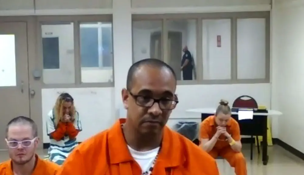 Joseph Colon appearing from the Flagler County jail at his plea hearing this afternoon. (© FlaglerLive)