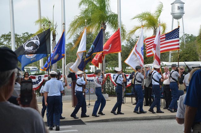 The presentation of colors at this morning's Veterans Day commemoration in Bunnell. (© FlaglerLive)