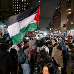 protesters gather near Columbia University on April 30, 2024.