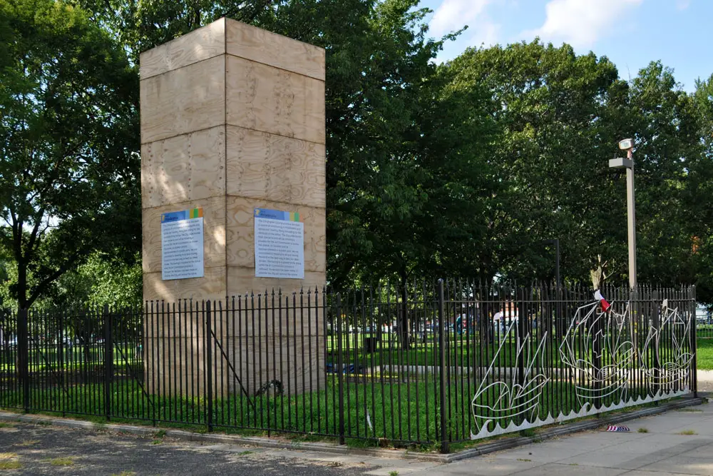 The Christopher Columbus Monument boxed in Marconi Plaza Philadelphia (Wikimedia Commons)