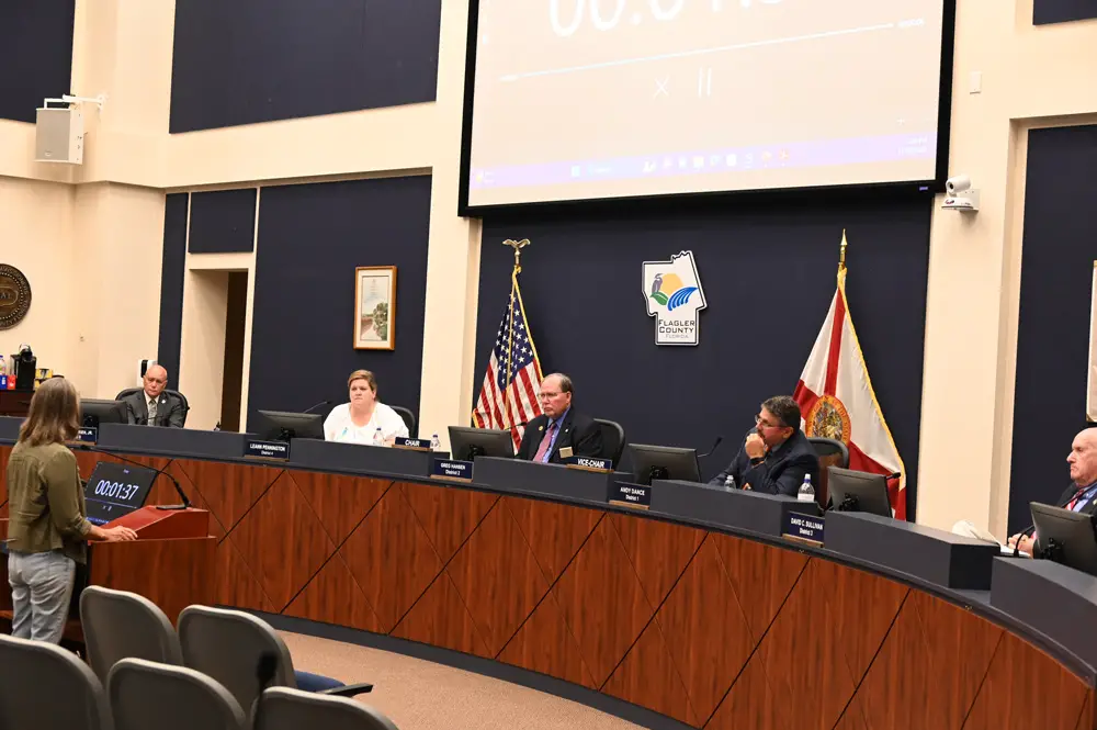 The Flagler County Commission this evening. In 2018, Donald O'Brien, left, had voted against the original lease amendment that led to the lawsuit. Greg Hansen, center, and Dave Sullivan, right, had voted for it. (© FlaglerLive)