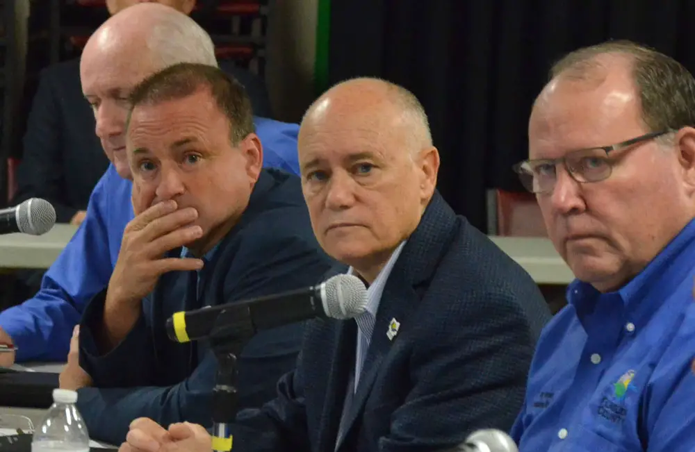 The four horsemen of the school board's apocalypse: from left, County Commissioners Dave Sullivan, Joe Mullins, Donald O'Brien and Greg Hansen. (© FlaglerLive)