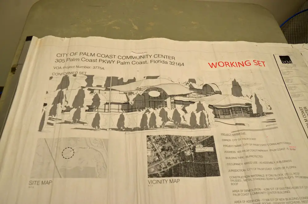 Some of the blueprints of the Palm Coast Community Center as it was under construction in 2018. (© FlaglerLive)