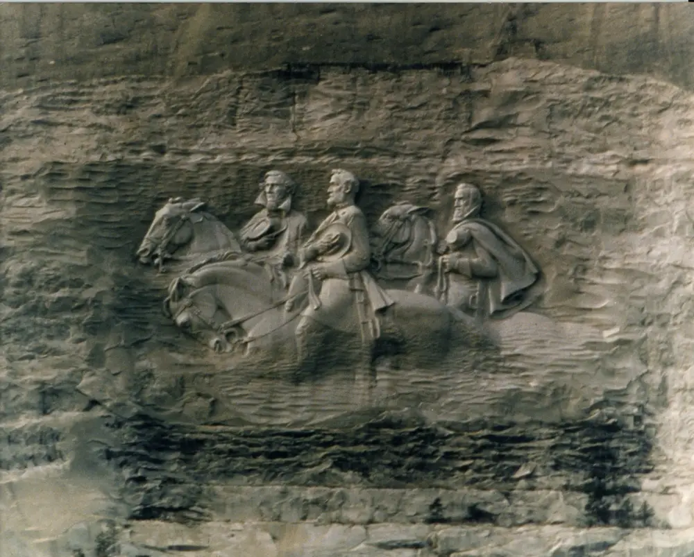 Confederate leaders Robert E Lee, Stonewall Jackson and Jefferson Davis are depicted in this carving on Stone Mountain, Ga. 