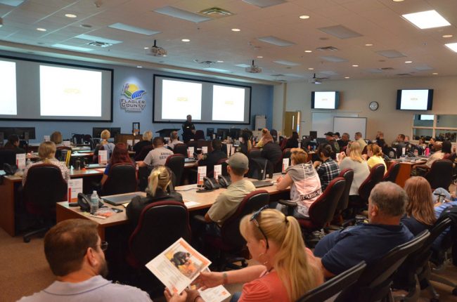 Flagler County's Emergency Operations Center hosted the two-day training conference, which was attended by 63 people and opened with welcoming remarks by Sheriff Rick Staly. (© FlaglerLive)