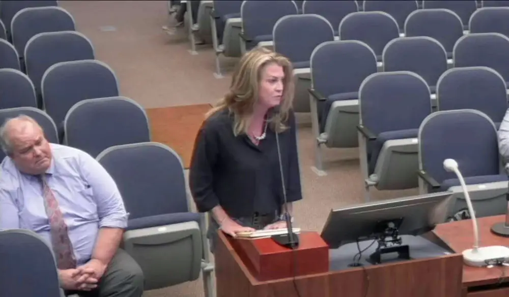 "It's very transparent to me what is happening right now, and totally not appropriate," School Board member Colleen Conklin told the county commission this afternoon, in referrence to a commission plan to end school concurrency requirements ahead of new development. (© FlaglerLive via YouTube)