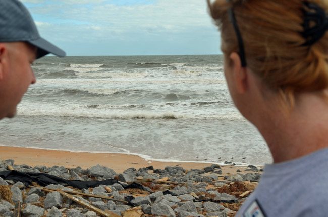 Superintendent Jacob Oliva and School Board Chairman Colleen Conklin at the A1A wreckage in Flagler Beach last week. (© FlaglerLive)