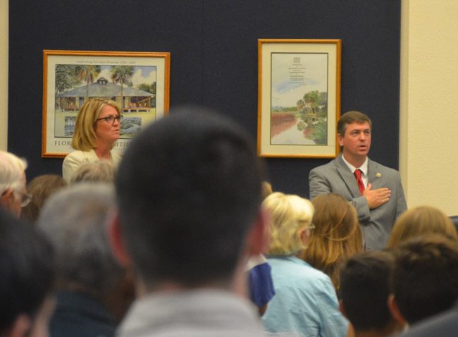 Colleen Conklin, left, and Trevor Tucker, have different ideas about the rights and authority of school board members. (© FlaglerLive)