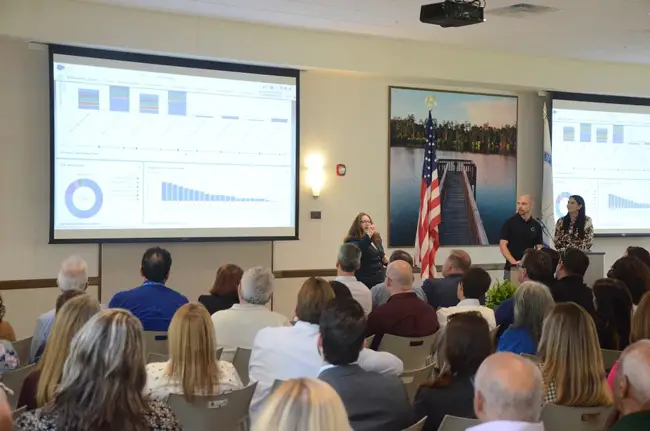 The audience at April's State of the City with Mayor Milissa Holland got its first look at Palm Coast Connect, the new citizens' engagement portal for the city. (c FlaglerLive)