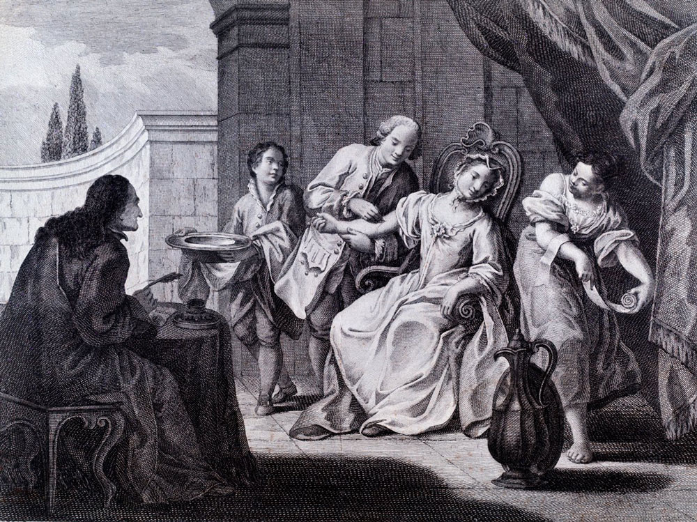A case of bloodletting, which for over a thousand years was falsely believed to be curative of numerous ills. The print is byan unknown artist.