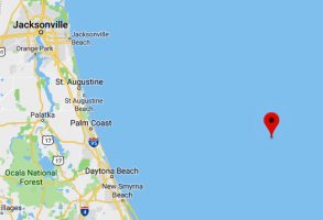 The storm at 8 a.m. was at latitude 29.5 North, longitude 79.6 West, almost exactly parallel with Palm Coast, but well offshore. 