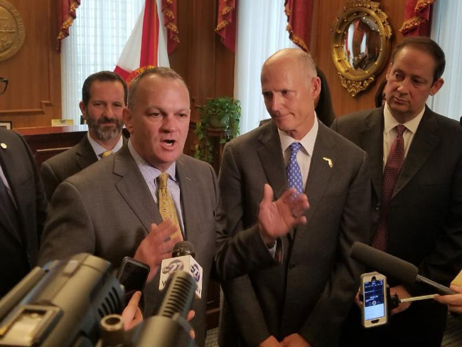 House Speaker Richard Corcoran, left, and Gov. Rick Scott Sunday. (NSF)