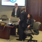 Assistant State Attorney Jason Lewis, left, Assistant State Attorney Tammy Jaques and Assistant Regional Counsel Junior Barrett are asking Circuit Judge Margaret Hudson to delay the case of Cornelius Baker. (© FlaglerLive)