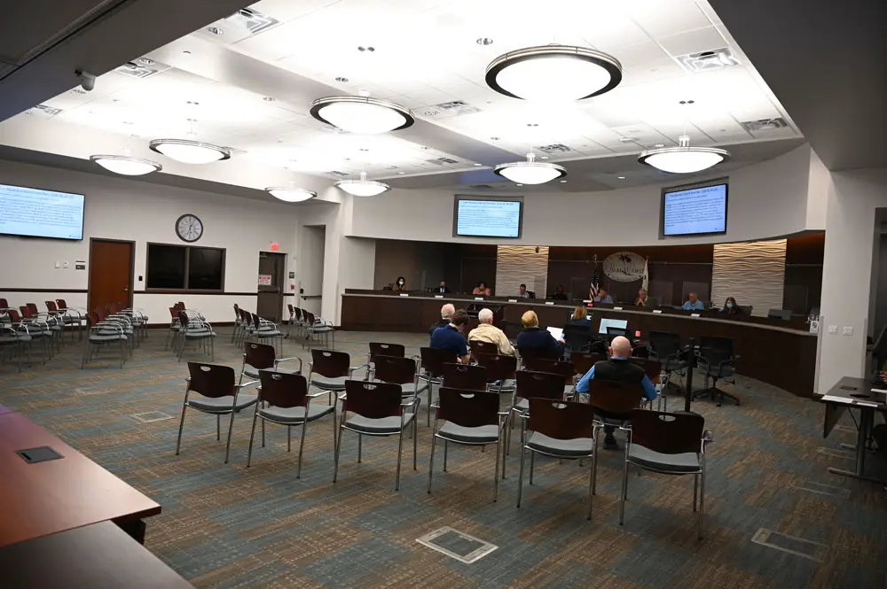 In contrast with Tuesday's meeting of the Palm Coast City Council, which filled the room with opponents of a self-storage facility on Old Kings Road, the Palm Coast Planning Board heard not a single voice in opposition to a different facility, a very short distance from the first, as the board approved it under a special exception Wednesday evening. (© FlaglerLive)