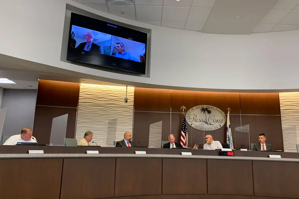 The Palm Coast City Council this morning, minus Milissa Holland. (© FlaglerLive)