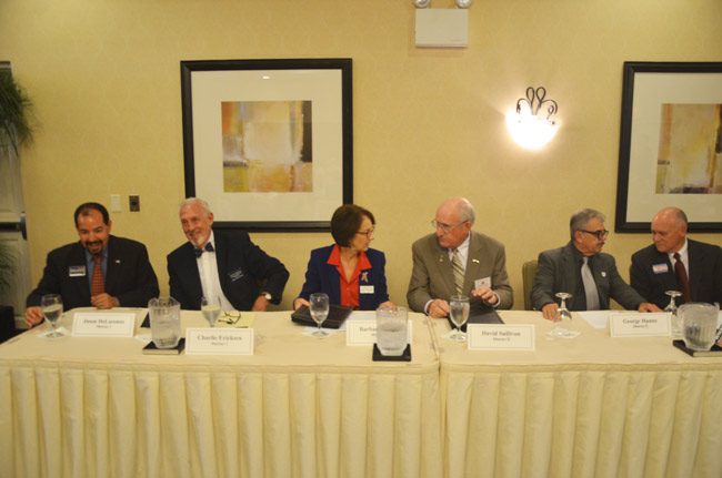 The Last Supper by half: From left, Jason DeLorenzo, Charlie Ericksen, Barbara Revels, Dave Sullivan, George Hanns and Donald O'Brien, last night at the Flagler Votes forum. (© FlaglerLive)