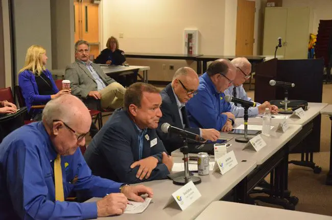 The five county commissioners meeting with the Public Safety Coordinating Council this morning in Bunnell. (© FlaglerLive)