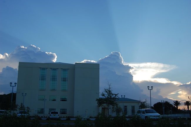 It's not clear if stormclouds are building or receding over the Flagler County courthouse. (© FlaglerLive)