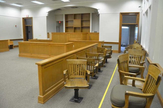 The courtroom where the Gasin case was tried, and the jury box where jurors heard John tanner's story of the bloody kitten. The picture dates from after the courthouse was abandoned for the new Kim Hammond Justice Center. (© FlaglerLive)