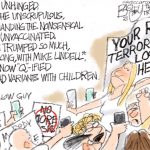 A rendition of Tuesday evening's Flagler County School Board meeting. (Pat Bagley, The Salt Lake Tribune) covid crazies