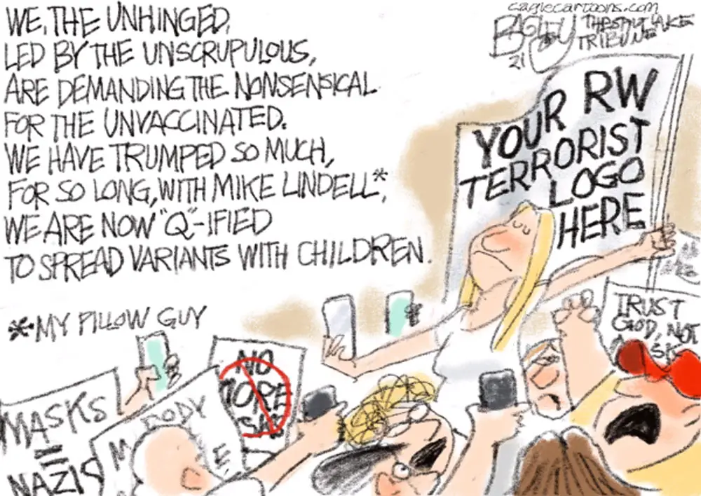 A rendition of Tuesday evening's Flagler County School Board meeting. (Pat Bagley, The Salt Lake Tribune) covid crazies