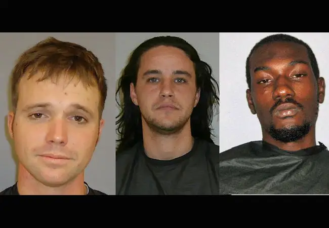 Charles Cowart, left, and Daniel Goggans, center, face kidnapping and rape charges, as does Frank Goggans, who is not pictured. Kurt Benjamin, right, faces a kidnapping charge. All four are at large. 