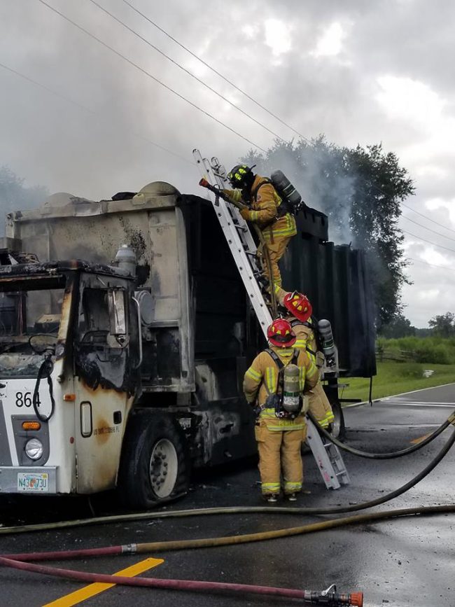 It was Waste Pro's second major incident in two days. On Monday, one of the hauler's garbage trucks ended up fully involved in fire on County Road 305..No one was injured. (Flagler County Professional Firefighters)