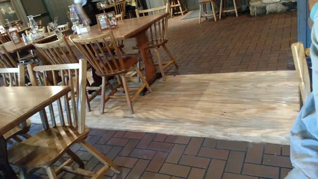 Plywood this morning had replaced the tile that had crackled at Cracker Barrel Tuesday evening. (Paul Easter)