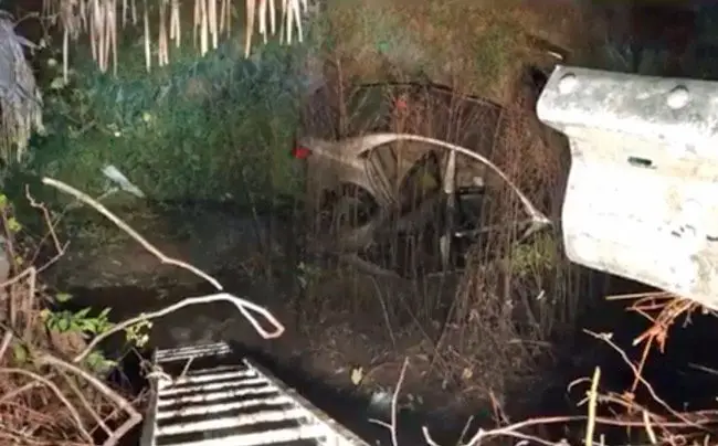 A still from a video shot by Flagler firefighters showing the silver car in the canal off State Road 100 Sunday night.