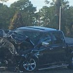 The Dodge Ram that rear-ended a vehicle on I-95, starting a chain reaction involving a total of four vehicles in what was the second crash of the afternoon. (© FlaglerLive)