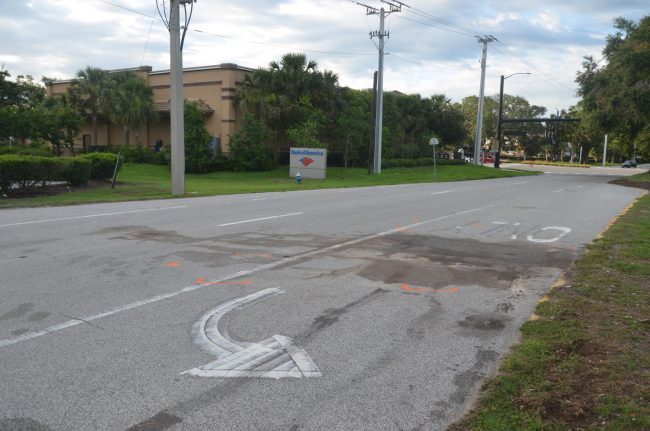 The location of the crash, looking south at the northbound lanes of Old Kings Road. Marlene Adams had turned onto the turning lane in an attempt to avoid Torres, who just then swerved toward her car. Click on the image for larger view. (© FlaglerLive)