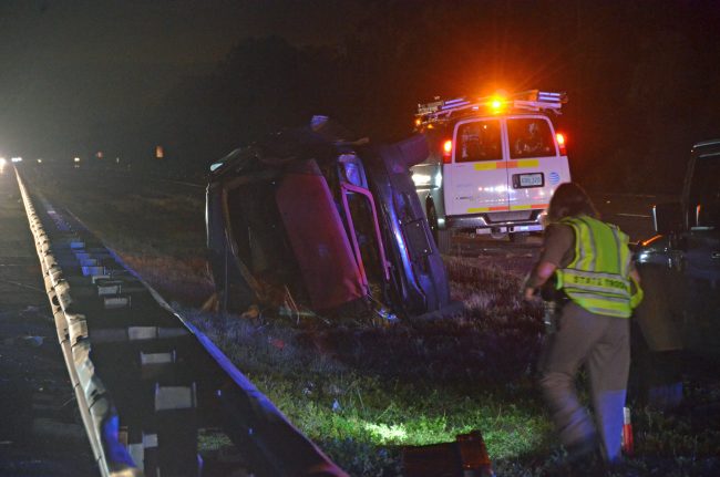 The crash scene this evening at I-95 just south of Palm Coast Parkway. (© FlaglerLive)