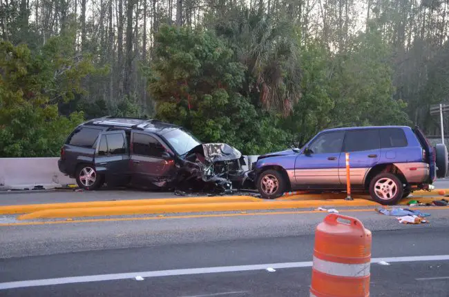 A family of five, including a 13-year-old girl and a toddler, were in the blue Toyota to the right and an off-duty Daytona Beach police officer was in the Chevy when the vehicles crashed this evening on U.S. 1 in the construction zone near Old Dixie Highway. Click on the image for larger view. (© FlaglerLive) 