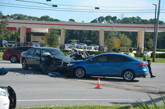 The crash at Old Kings Road and State Road 100 involved a Dodge Charger and a Ford Focus. (© FlaglerLive)
