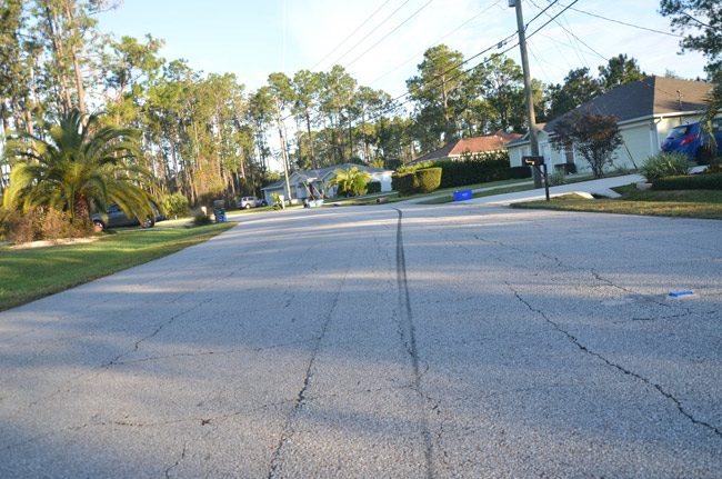 Faircloth applied the brakes immediately before the curve, as indicated by the skid mark, and attempted to lay down the bike further on before crashing into the mailbox. (© FlaglerLive)