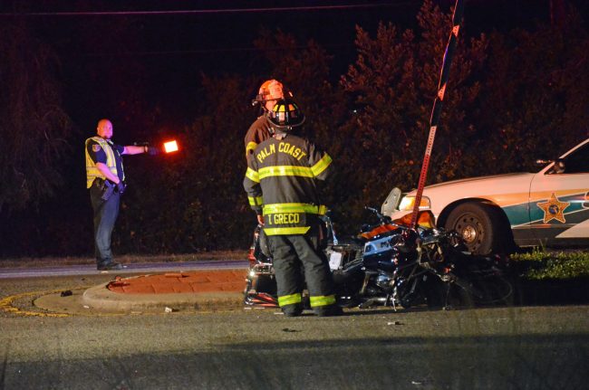 The motorcycle ended against a street sign by the median on Belle Terre, at the intersection with Ponce deLeon. Click on the image for larger view. (© FlaglerLive)