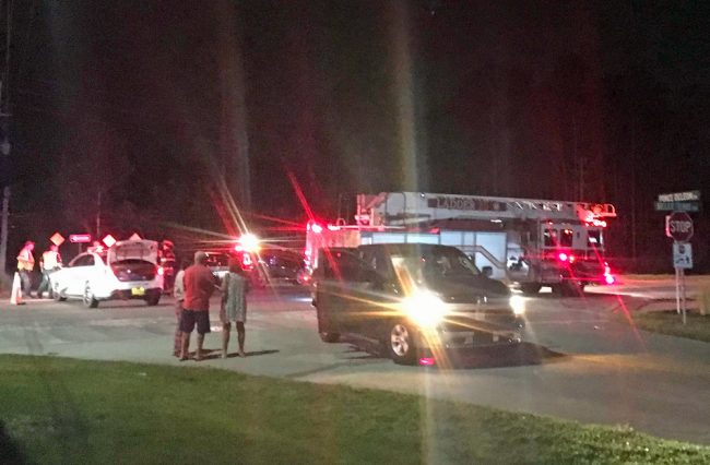 The motorcycle appears to have struck the rear of the pick-up truck (foreground) as the truck was making a left turn onto Ponce deLeon. The motorcycle was riding north on Belle Terre Parkway. (© FlaglerLive)