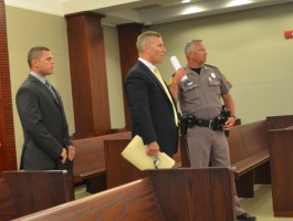 Deputy Christopher Crego, left, arriving in court with his attorney, Mike Finesilver. (© FlaglerLive)